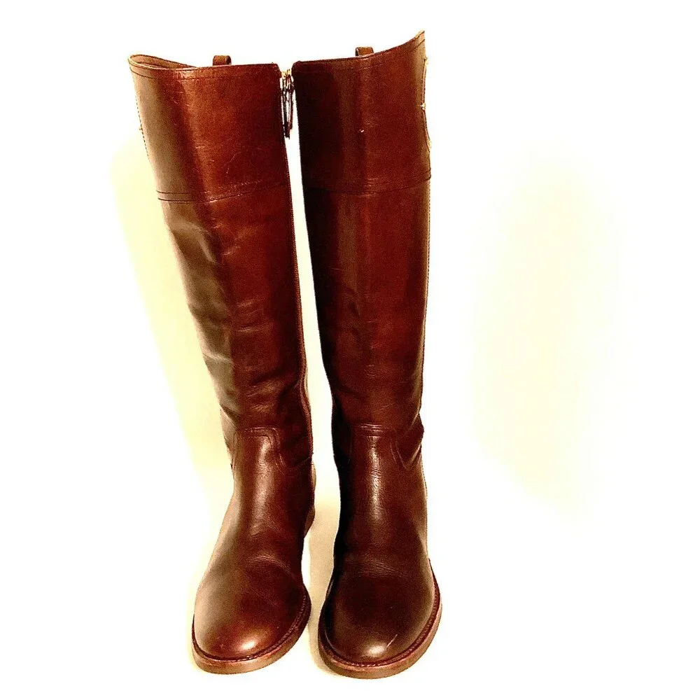 TORY BURCH Kiernan Leather Riding Boot Saddle Brown Gold Metal Logo 8.5 MSRP$450
